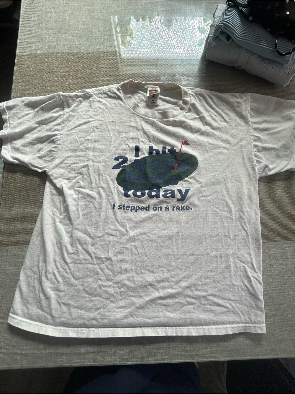 Fruit of the Loom White Tee with Blue, Green & Red Golf Graphic